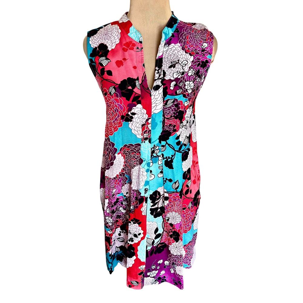 Natori Asian Japanese Floral Print Shift Dress Sleeveless Pleated V-Neck S